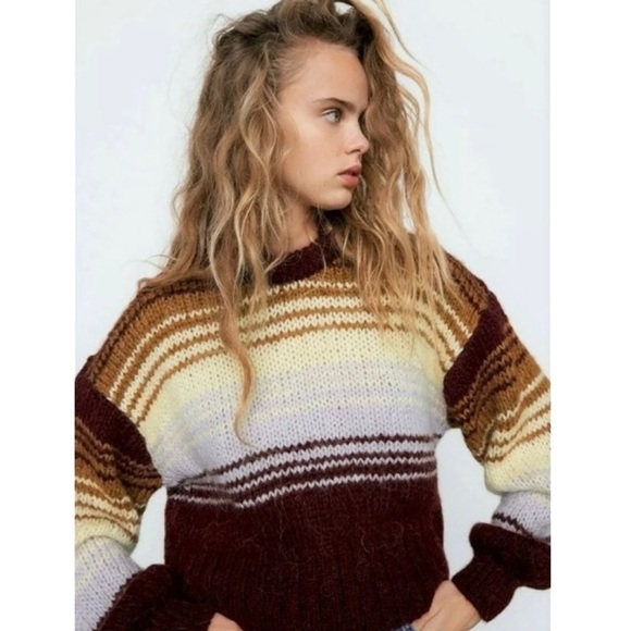 Zara Stripe Knit Sweater Balloon Sleeve Wool Alpaca Burgundy Rust Lavender Cream - Picture 10 of 11